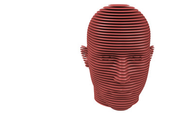 3d model of a humane head with colored skin isolated on white. it is a man face with bold head staring at various angles looking strait.