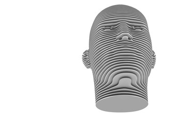 3d model of a humane head with colored skin isolated on white. it is a man face with bold head staring at various angles looking strait.