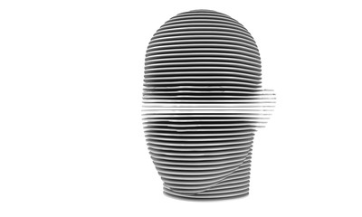 3d model of a humane head with colored skin isolated on white. it is a man face with bold head staring at various angles looking strait.