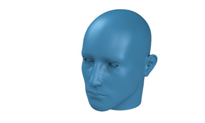3d model of a humane head with colored skin isolated on white. it is a man face with bold head staring at various angles looking strait.