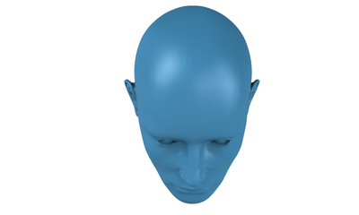 3d model of a humane head with colored skin isolated on white. it is a man face with bold head staring at various angles looking strait.