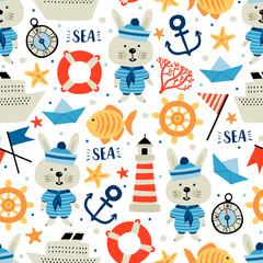 Seamless pattern with nautical elements and rabbit. Cartoon style. Can be used on packaging paper, fabric, background for different images, etc.