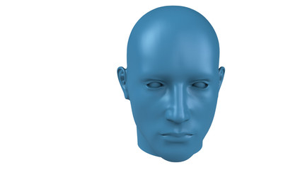 3d model of a humane head with colored skin isolated on white. it is a man face with bold head staring at various angles looking strait.