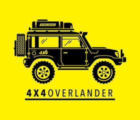 Extreme off-road 4x4 all-terrain suv vehicle. Overland adventure 4wd expedition sports utility safari vehicle. Black modified auto silhouette on yellow background. Vector illustration.  © JoelMasson