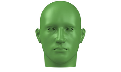 3d model of a humane head with colored skin isolated on white. it is a man face with bold head staring at various angles looking strait.