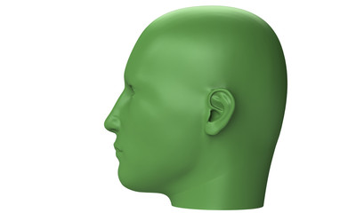 3d model of a humane head with colored skin isolated on white. it is a man face with bold head staring at various angles looking strait.