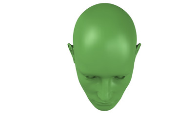 3d model of a humane head with colored skin isolated on white. it is a man face with bold head staring at various angles looking strait.