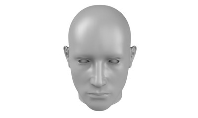 3d model of a humane head with white skin isolated on white. it is a man face with bold head staring at various angles looking strait.