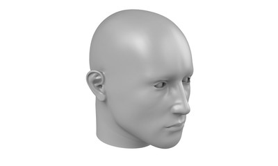 3d model of a humane head with white skin isolated on white. it is a man face with bold head staring at various angles looking strait.