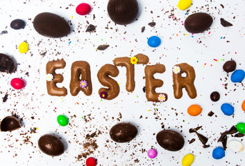 Easter card made of cookies with chocolate eggs