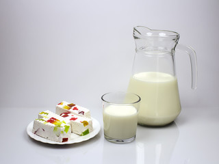 Still life with milk and marshmallow for breakfast.