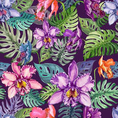 Fototapeta na wymiar Beautiful orchid flowers and monstera leaves on dark purple background. Seamless tropical floral pattern. Watercolor painting. Hand drawn illustration