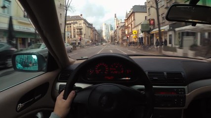 Point of view driving a car in Frankfurt, Germany