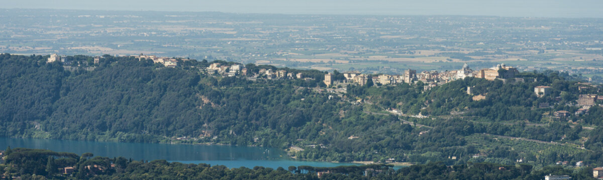 Aerial image of with the caldera named Lago Albano (Lake Albano) in front