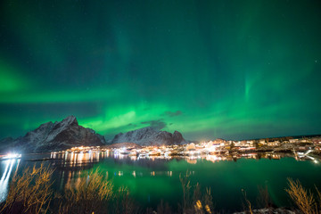 Fototapeta na wymiar Northern lights over the vilage of Reine, Lofoten, Norway