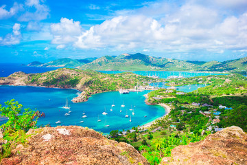 View of English Harbor from Shirley Heights, Antigua, paradise bay at tropical island in the...