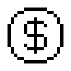 Vector 8 bit pixel art dollar icon. Black and white concept of dollar currency. 