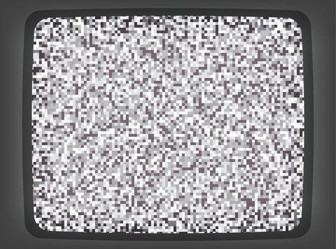 Vector VHS grey intro screen of a tv with noise flickering. Retro 80 s style vintage pixel art background.