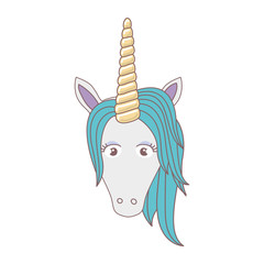 white background with front face of unicorn and blue mane vector illustration