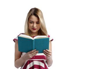 young girl with book isolated on a white background