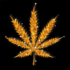 Golden marijuana vector leaf in low-poly style