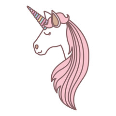 white background with face side view of female unicorn and long striped mane vector illustration