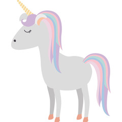 white background with cartoon unicorn gray standing with closed eyes and rainbow mane vector illustration