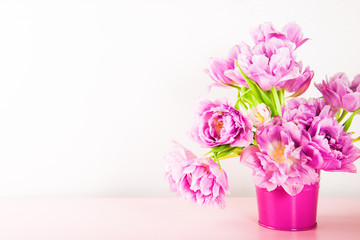 Beautiful Bunch of Peony Style Tulips on the Pink Pot