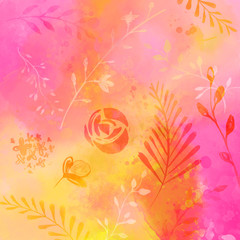 Abstarct nature background with watercolor texture and traces of plants, flowers and leaves. Pink and orange mix of colors.