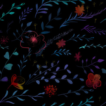 Dark blooms trend pattern. Abstract floral fashion background with painted flowers and branches on dark backdrop. Botanical print.