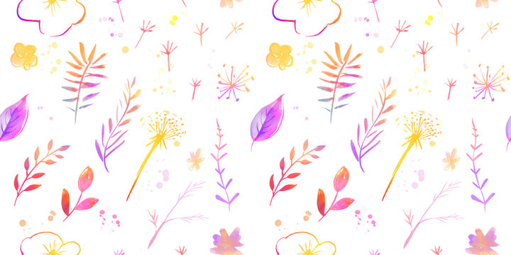 Wild floral pattern with watercolor painted leaves and flowers. Spring summer texture for fashion textile and wrapping. White background with yellow, pink and violet elements