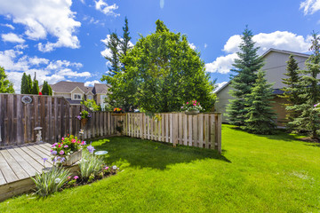 Backyard garden of custom built luxury house in the suburbs of Toronto, Canada.
