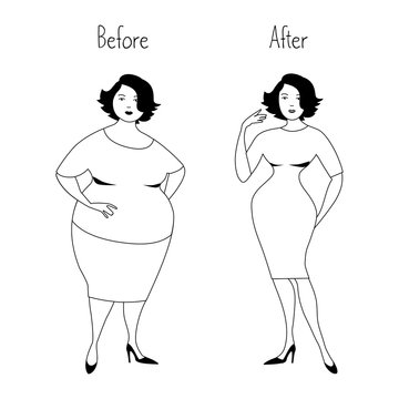 Plump woman before and after losing weight. Healthy lifestyle concept. Vector illustration in white and black colors.