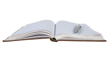 open diary and pen on white background
