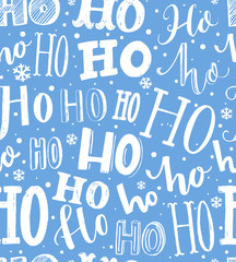 Hand drawn Christmas pattern. Seamless background with text hohoho. Gift wrapping blue and white paper.