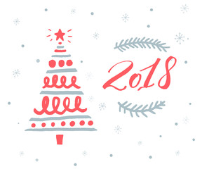 2018 new year greeting card template with red numbers and hand drawn Christmas tree