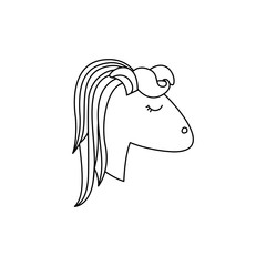monochrome silhouette of face side view right of female unicorn with striped mane vector illustration