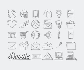 monochrome poster hand drawn with set of technology devices and internet icons and office tools of daily use vector illustration