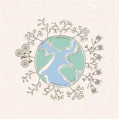 watercolor card of planet earth surrounded by plants and trees vector illustration