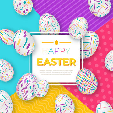 Easter background with square frame and colorful ornate eggs on modern geometric background. Cute vector easter banner or greeting card
