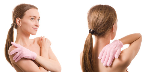 Beautiful young woman with bath glove sponge beauty set