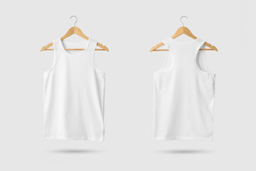 Blank White Tank Top Shirt Mock-up on wooden hanger, front and rear side view. 3D Rendering.
