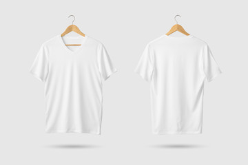 Blank White V-Neck Shirt Mock-up on wooden hanger, front and rear side view. 3D Rendering. - obrazy, fototapety, plakaty
