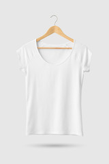 Blank White Women's T-Shirt Mock-up on wooden hanger, front side view. 3D Rendering.