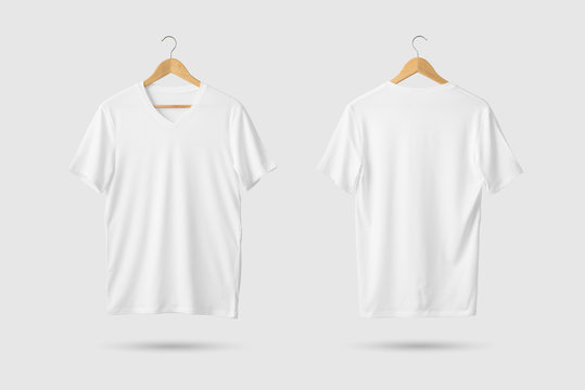 Blank White V-Neck Shirt Mock-up on wooden hanger, front and rear side view. 3D Rendering.