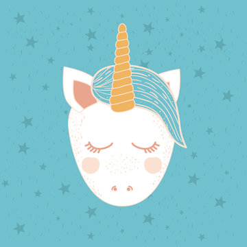 colorful frame with front face of caricature unicorn vector illustration