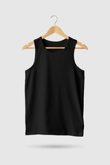 Black Tank Top Shirt Mock-up on wooden hanger, front side view. 3D Rendering.