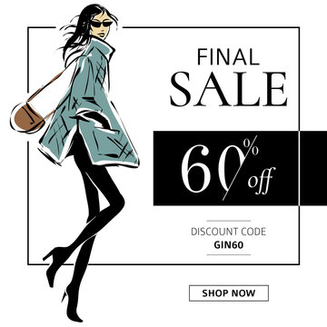 Black and white fashion sale banner with woman fashion silhouette, online shopping social media ads web template with beautiful girl. Vector illustration