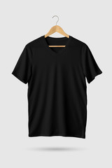 Black V-Neck Shirt Mock-up on wooden hanger, front side view. 3D Rendering.