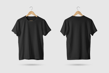Black T-Shirt Mock-up on wooden hanger, front and rear side view. 3D Rendering. - obrazy, fototapety, plakaty